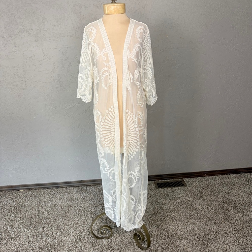 Lace Kimono Duster Women OS Ivory Sheer Mesh Boho Wedding Embroidered Romantic